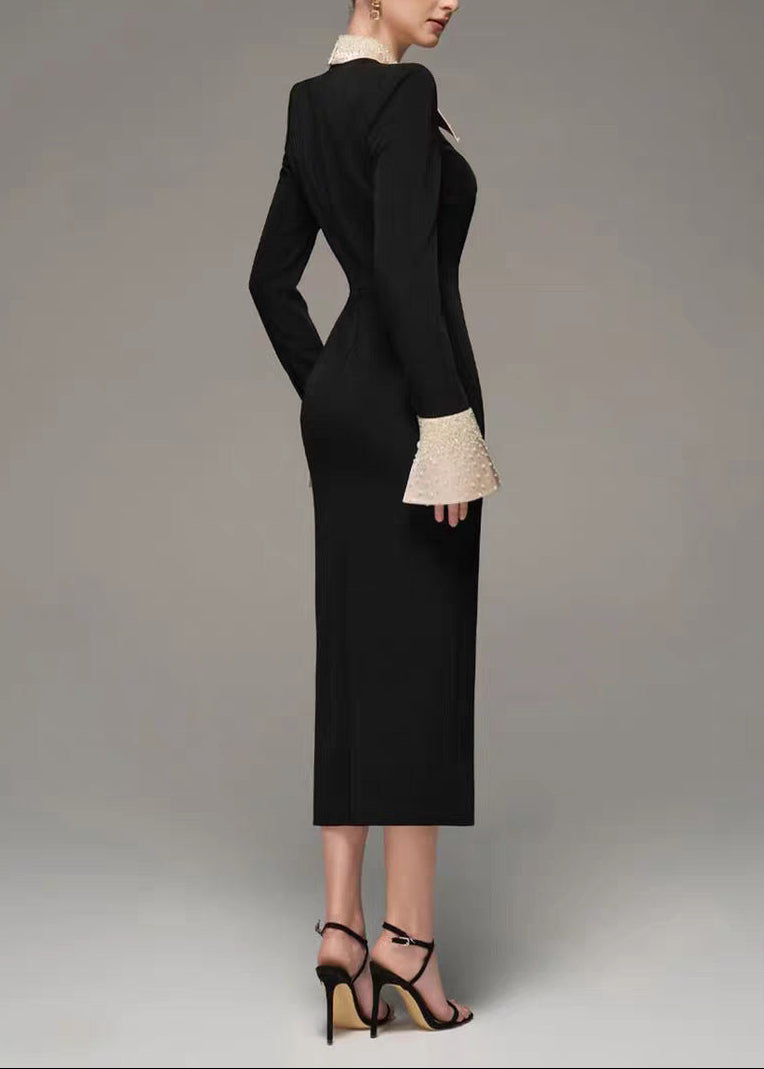 Dzenita Lapel Rhinestone Midi Dress