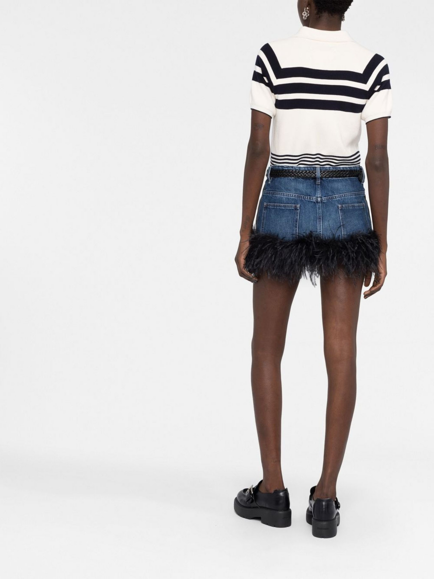 Lizew Feather Trim Denim Skirt