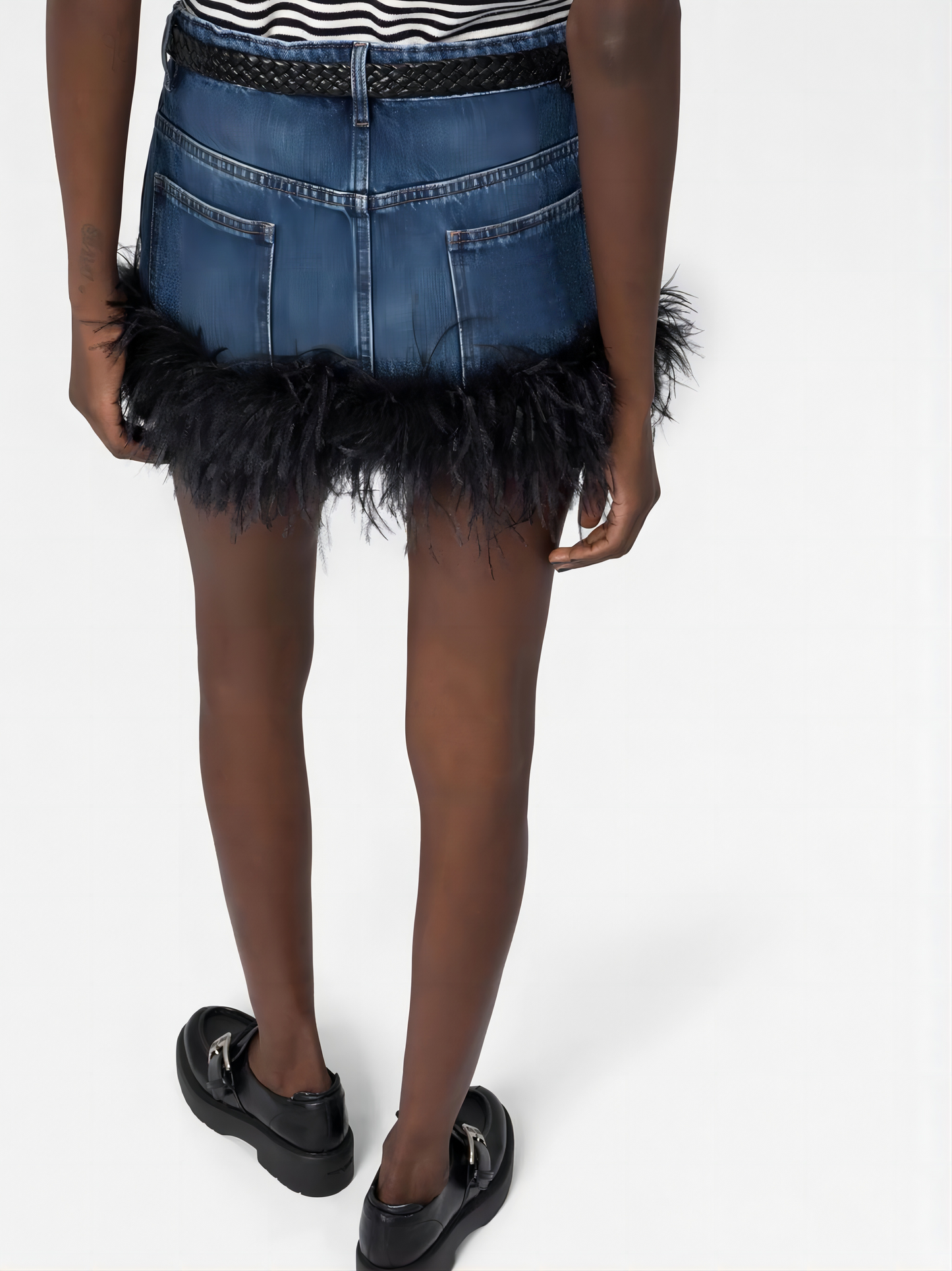 Lizew Feather Trim Denim Skirt