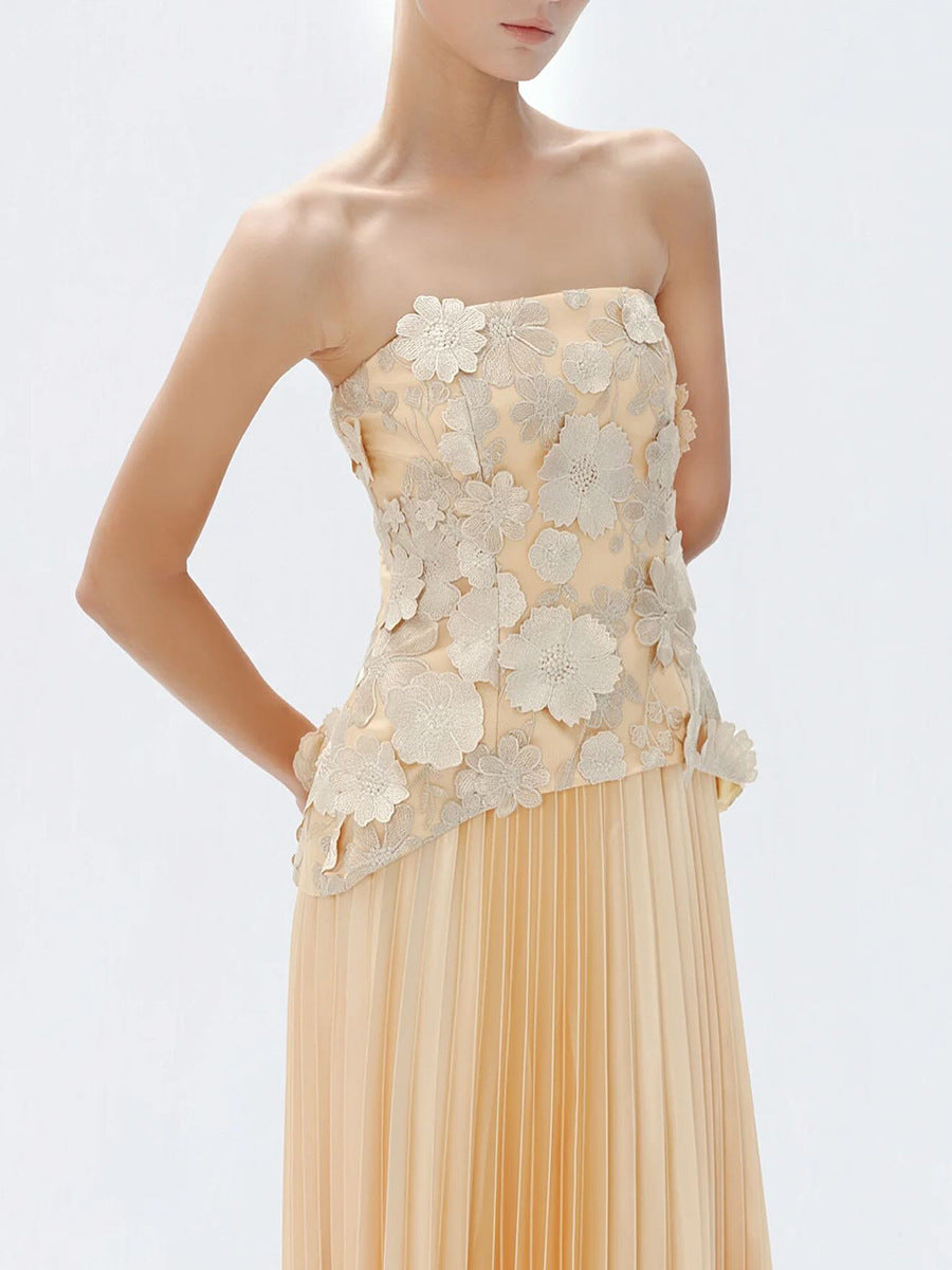 Doireann Strapless Flower Pleated Maxi Dress
