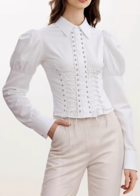 Benjy Lace Up Puff Sleeve Top In White