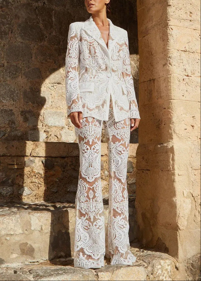 Eirini Floral Lace Pants Set In White