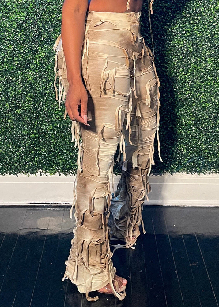 Cecily Tie Dye Fringe Pants Set In Apricot