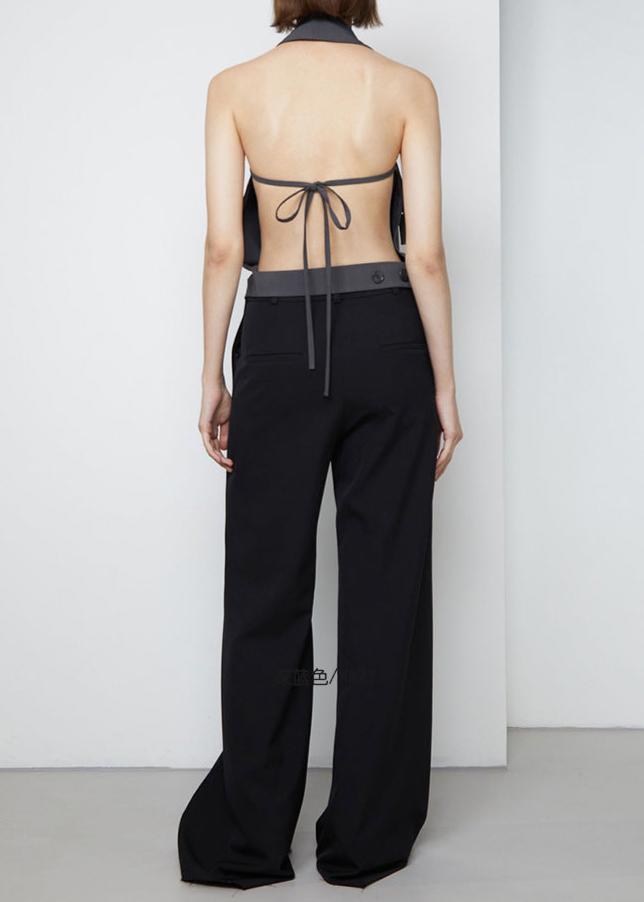 Eliam Lapel Backless Lace Up Top In Black