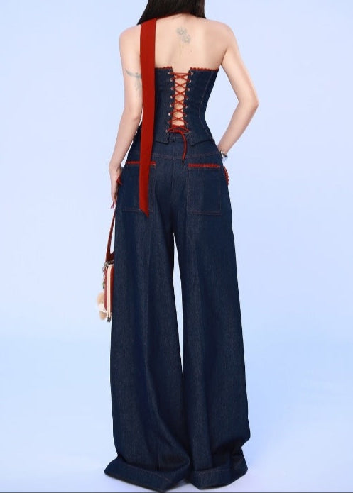 Ambrogio Strapless Lace Up Denim Set