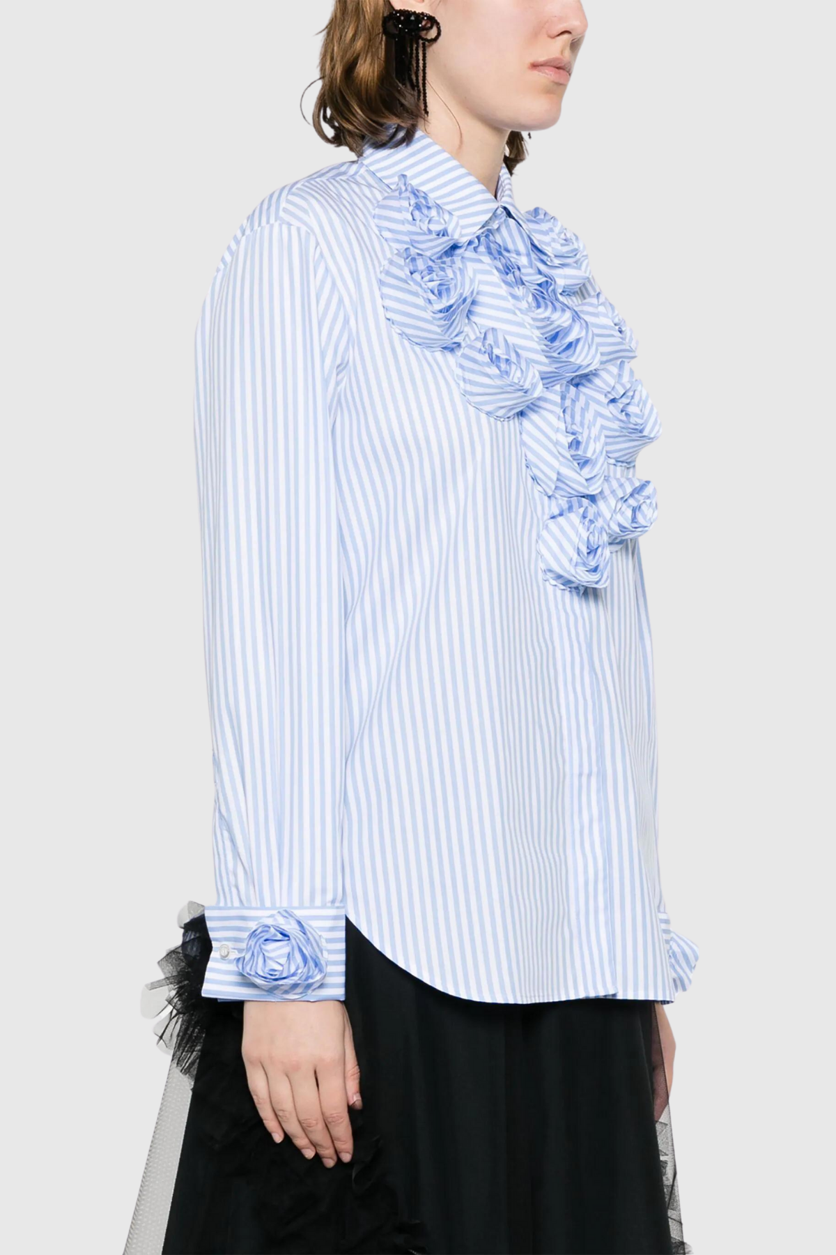 Vernon Flower Polo Collar Stripe Top In Blue