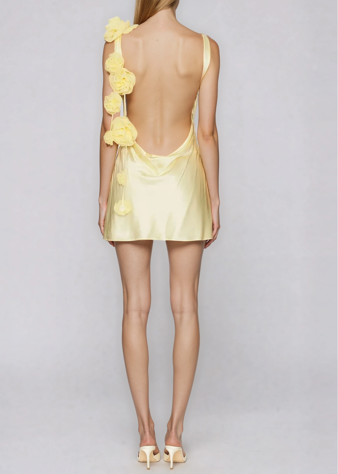 Emanuel Satin Flower Strap Mini Dress In Yellow