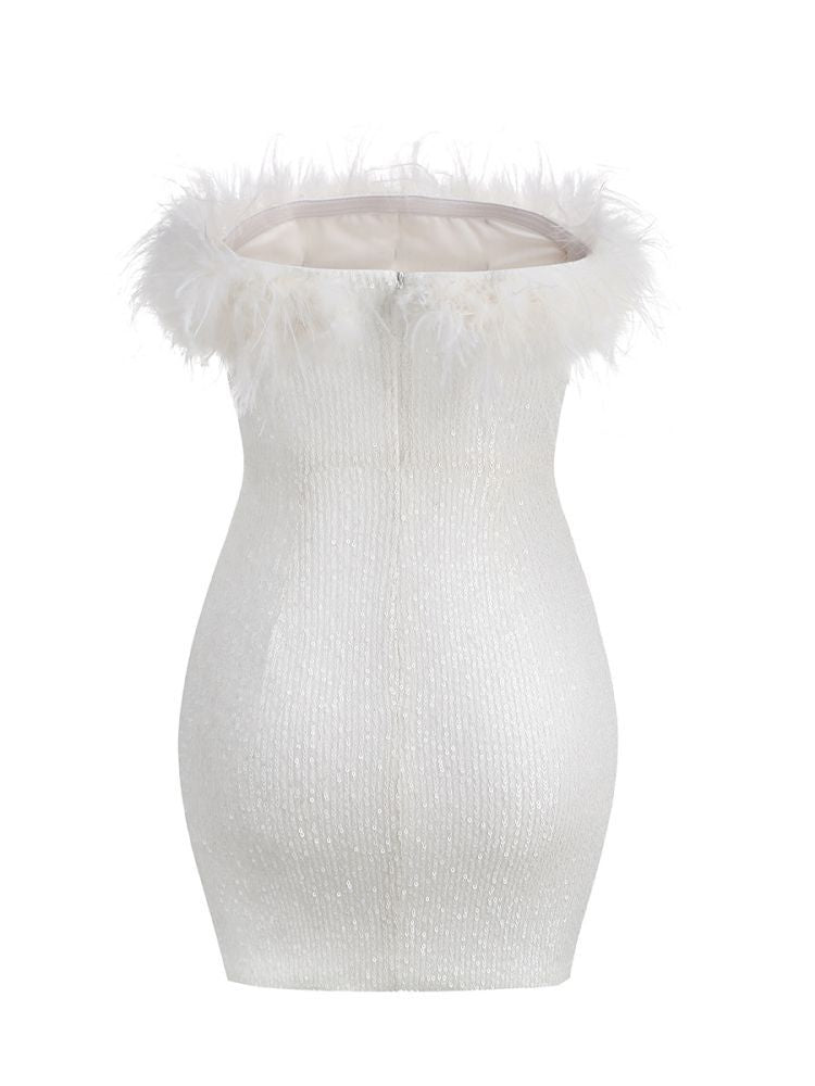 Dilbert Strapless Feather Sequin Mini Dress