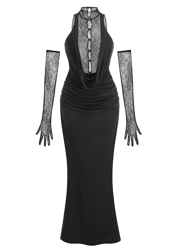 Jemma Cowl Neck Ruch Lace Maxi Dress In Black