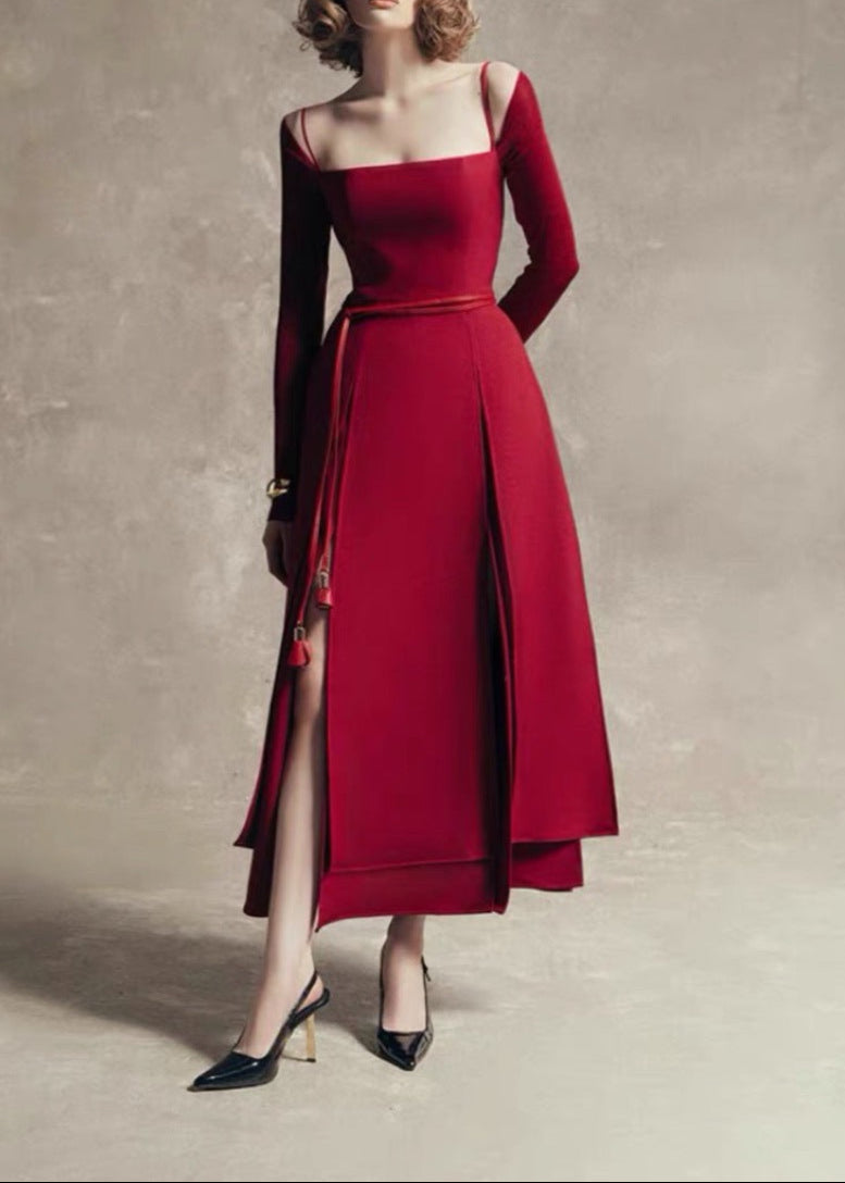 Annot Lace Up Split Maxi Dress In Red