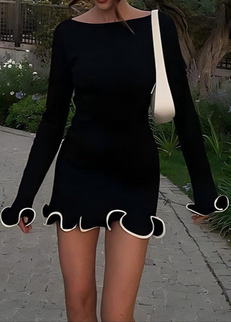 Anavrin Asymmetric Wavy Long Sleeve Mini Dress In Black
