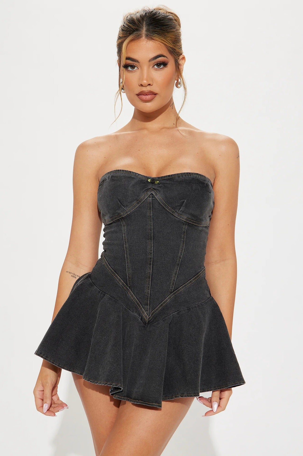 Yasmine Strapless Bodycon Denim Dress In Black