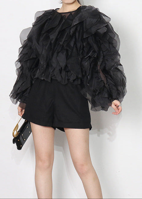 Zalak Mesh Ruffle Ruch Shirt In Black
