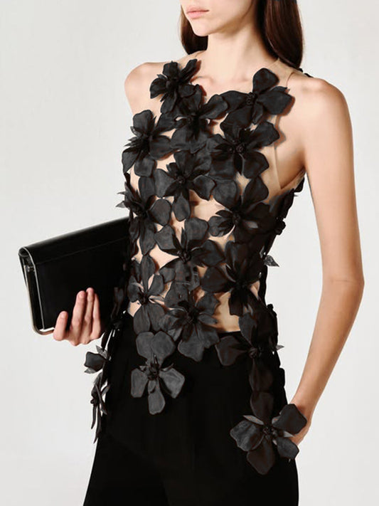 Carnie Flower Cutout Sleeveless Top In Black