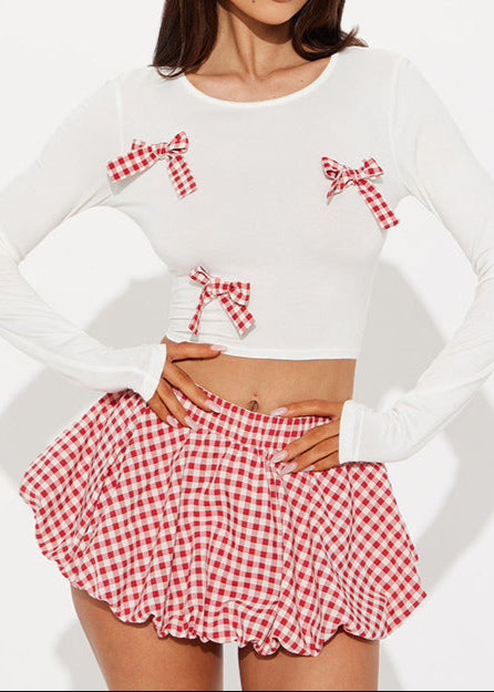 Amaya Grid Bow Ruffle Skirt Set In Red