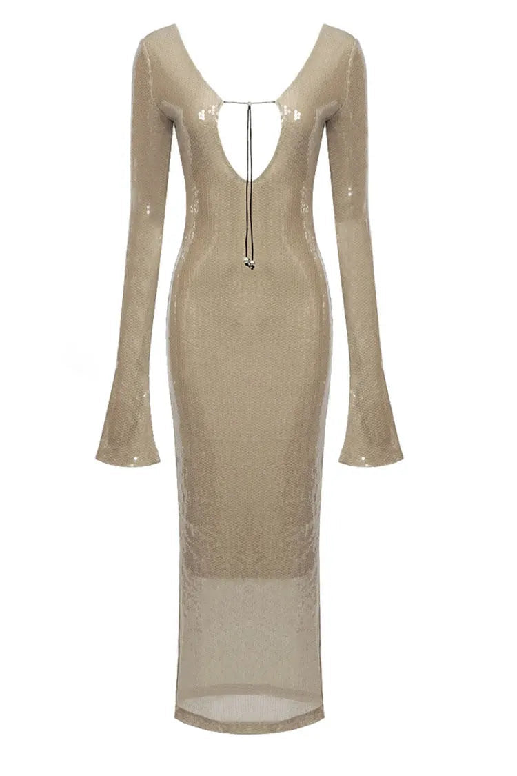 Kestrel Long Sleeve Sequin Backless Maxi Dress In Apricot