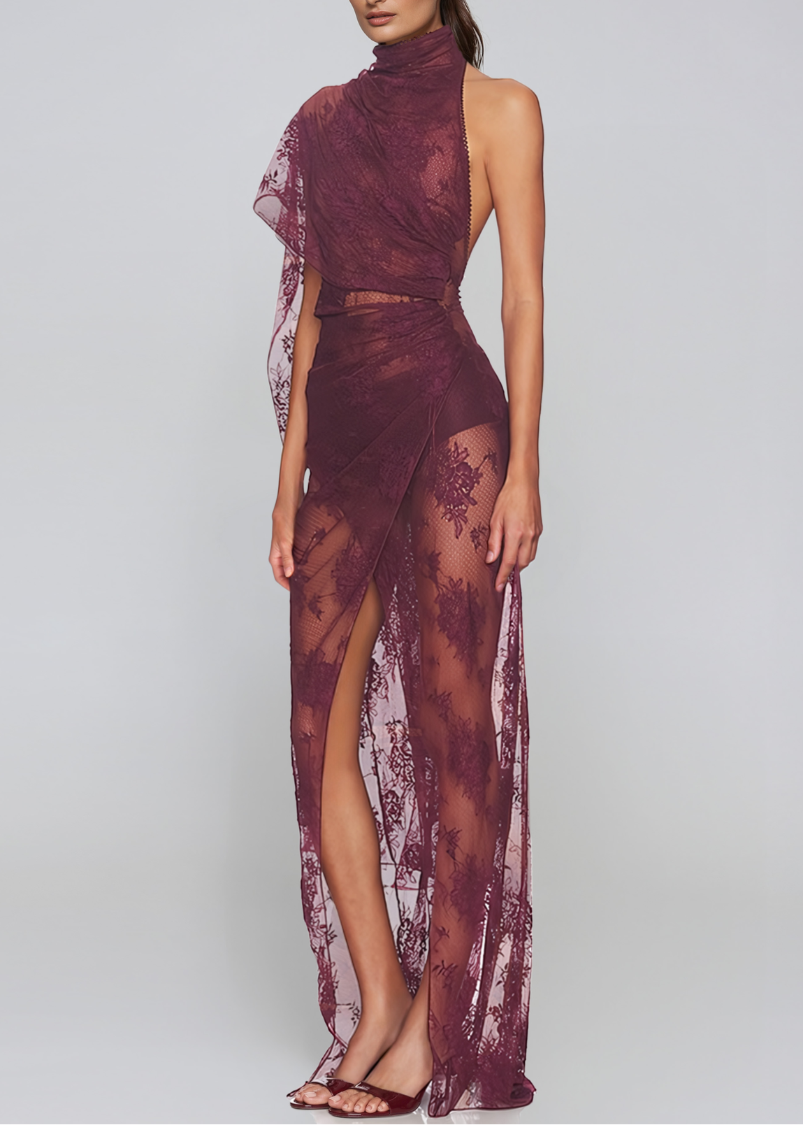 Jaak Asymmetrical Mesh Lace Maxi Dress