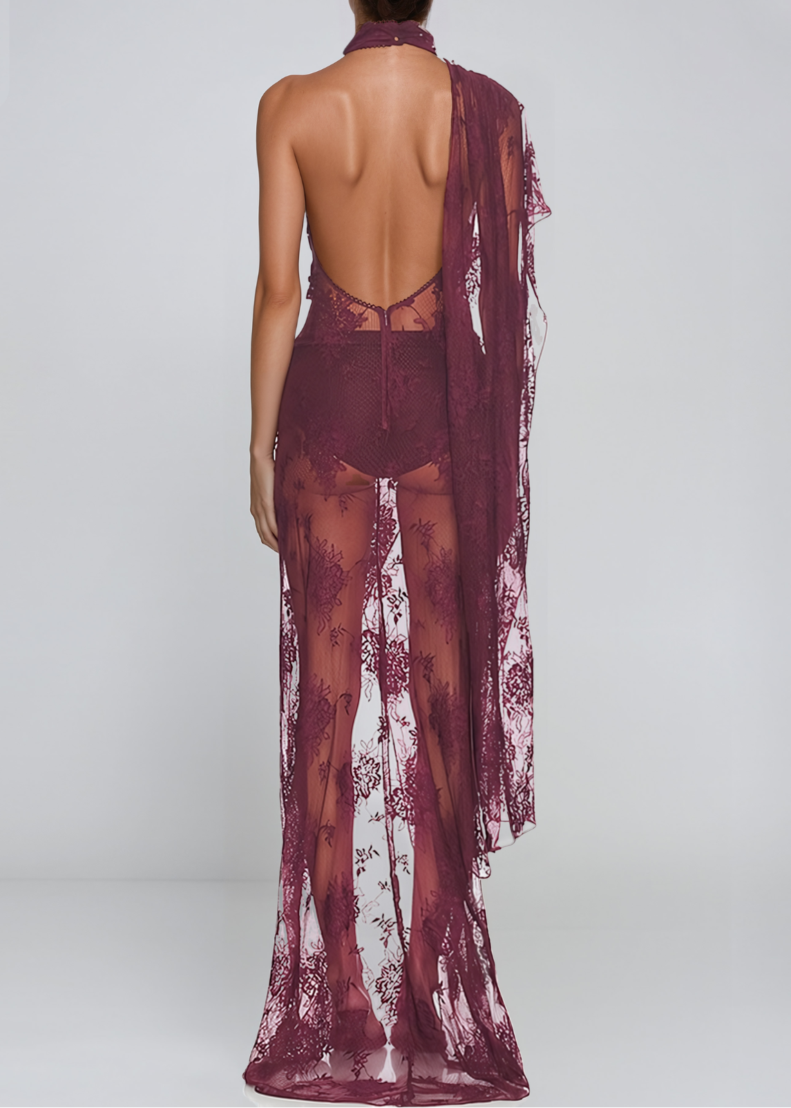 Jaak Asymmetrical Mesh Lace Maxi Dress