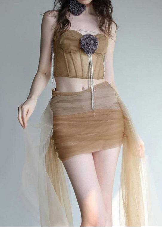 Adoeete Rhinestone Flower Strapless Skirt Set
