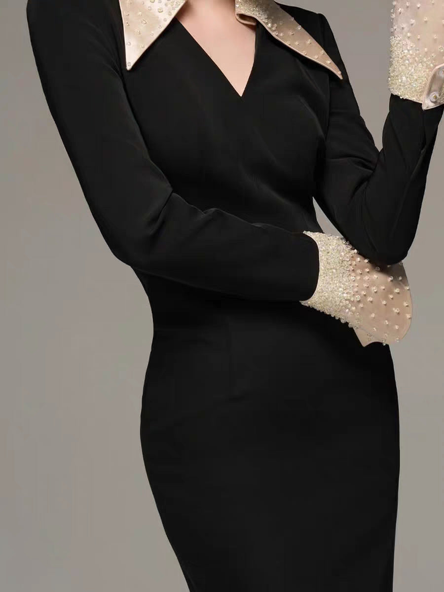 Dzenita Lapel Rhinestone Midi Dress