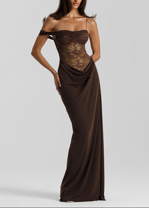 Cvijeta Lace Asymmetric Maxi Dress In Brown