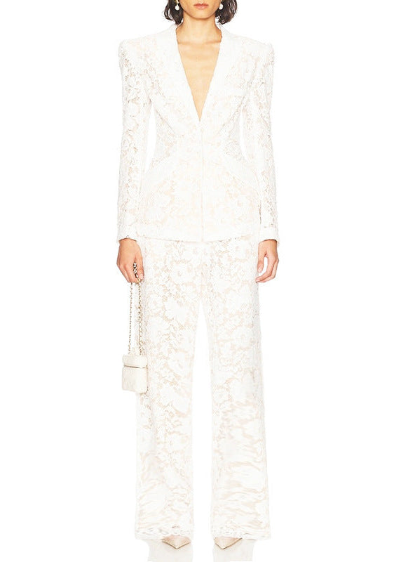 Eirini Floral Lace Pants Set In White