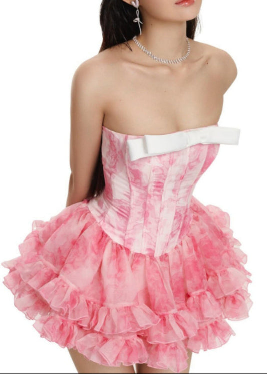 Berry Strapless Bow Mesh Ruffle Skirt Set