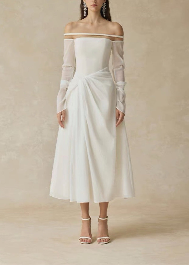 Deirdre Off Shoulder Ruch Mesh Midi Dress