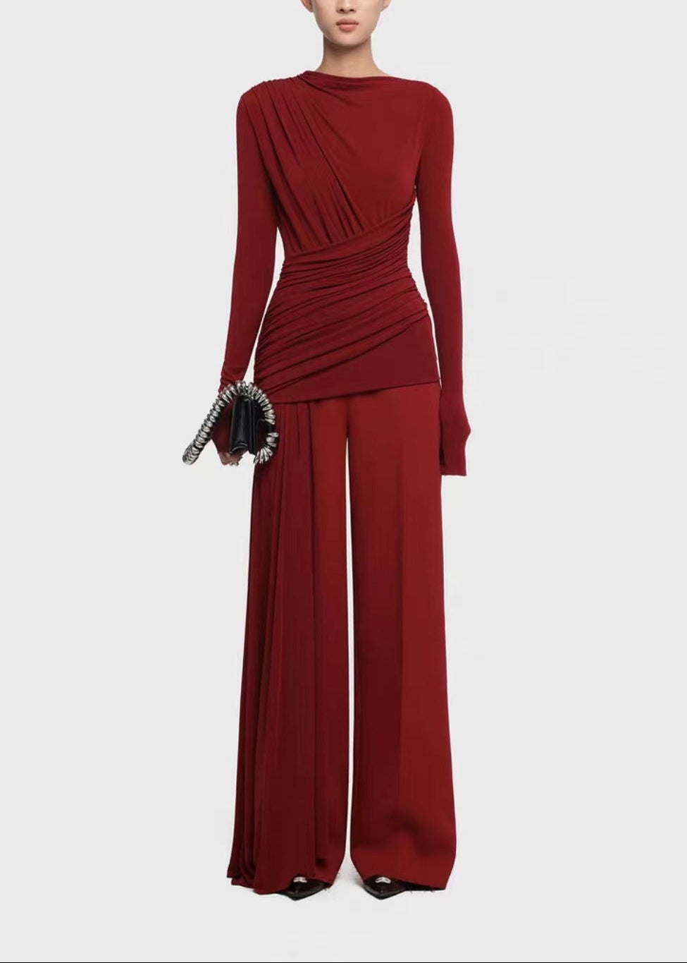Desmond Ruch Asymmetric Fringe Pants Set In Red