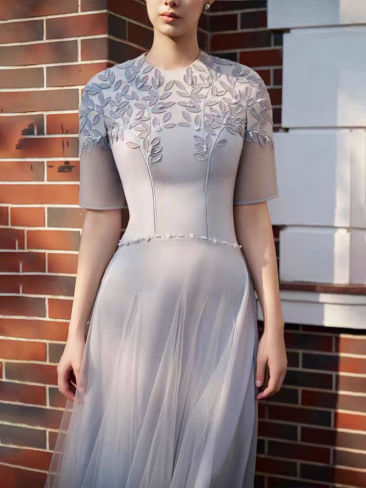 Edijs Embroidered Pearl Mesh Midi Dress