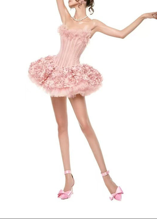 Dazbog Corset Flower Puffy Mini Dress In Pink