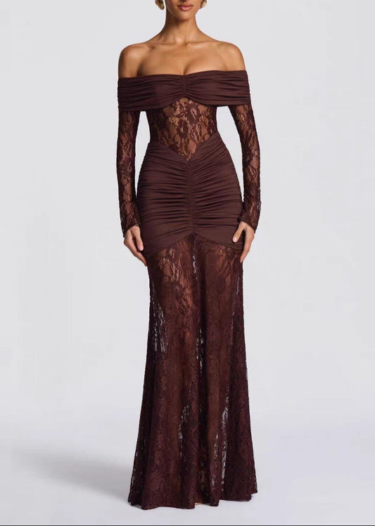 Sievia Strapless Ruch Lace Maxi Dress