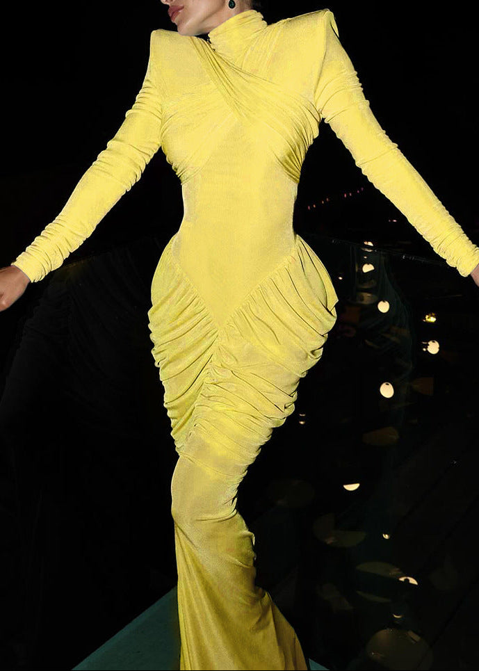 Domnall Backless Ruch Bodycon Maxi Dress In Yellow