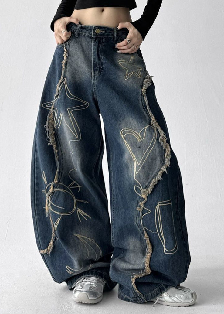 Digna Print Fringe Jeans In Blue