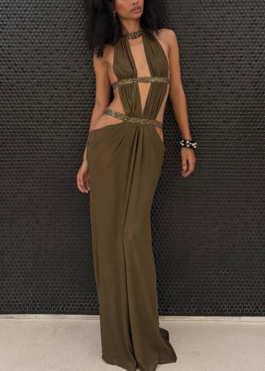 Faheem Plunge Backless Cutout Maxi Dress In Olive