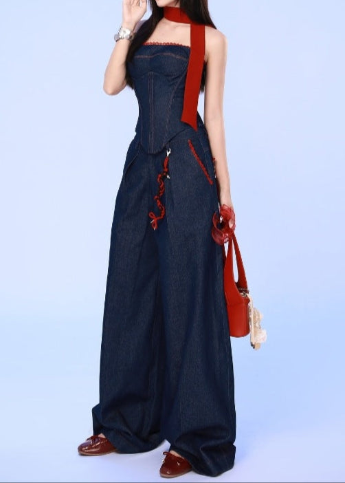 Ambrogio Strapless Lace Up Denim Set