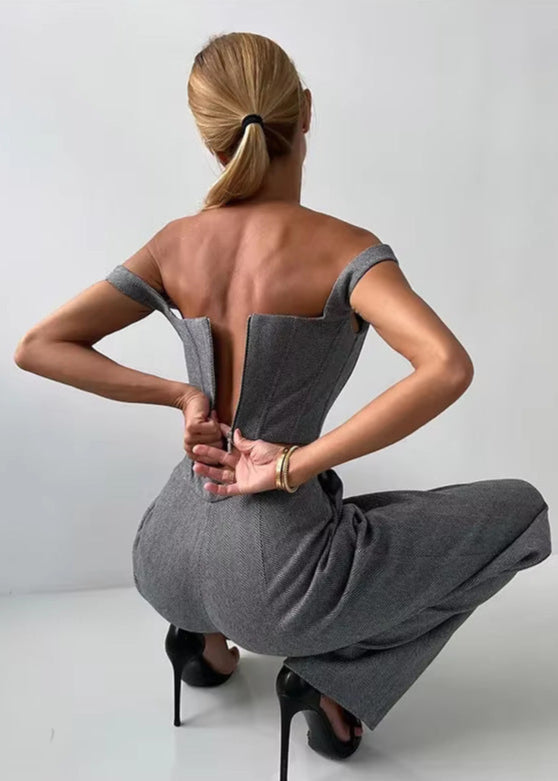 Amnon Lapel Strapless Three Piece Pants Set In Grey