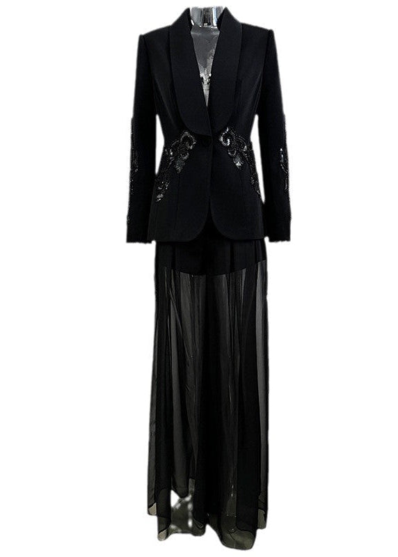 Elva Sequin Embroidered Mesh Pants Set