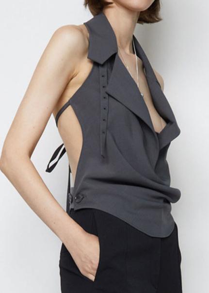 Eliam Lapel Backless Lace Up Top In Grey