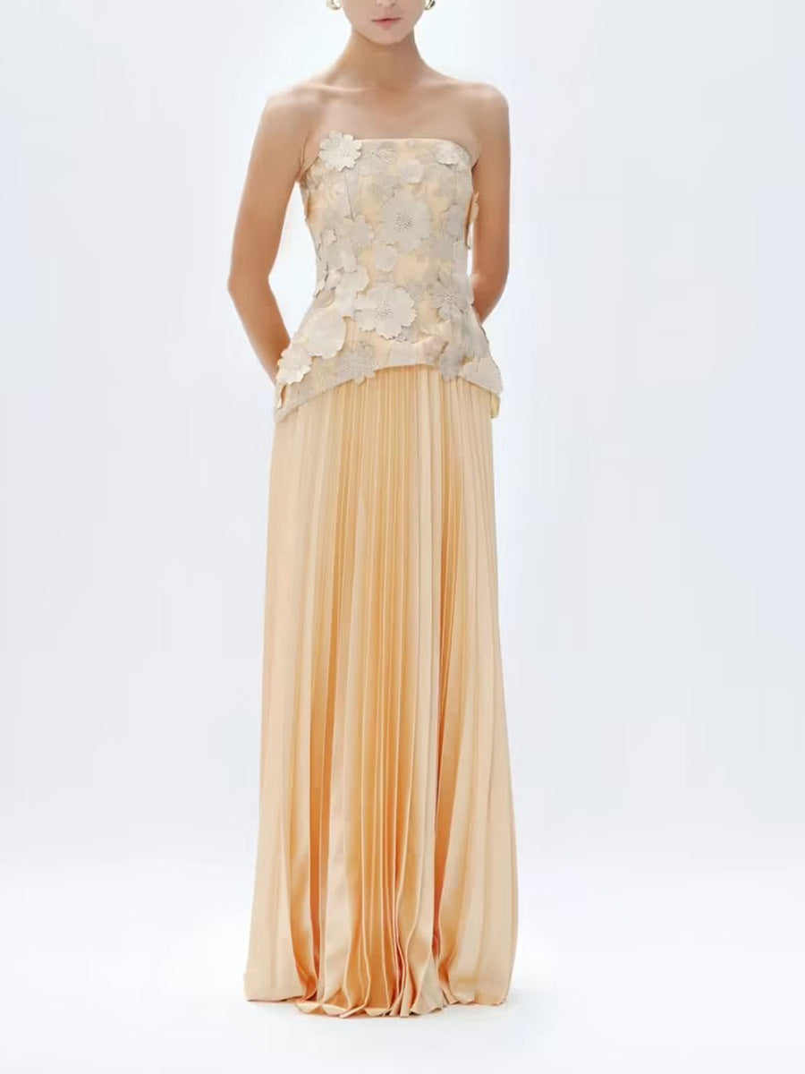 Doireann Strapless Flower Pleated Maxi Dress