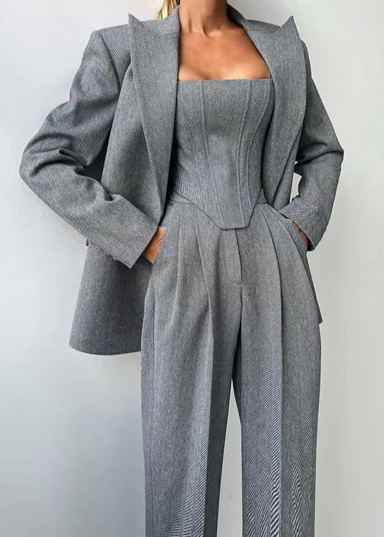 Amnon Lapel Strapless Three Piece Pants Set In Grey