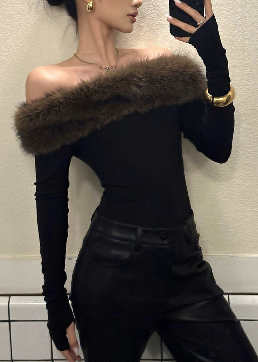 Driskoll Off Shoulder Faux Fur Top In Black