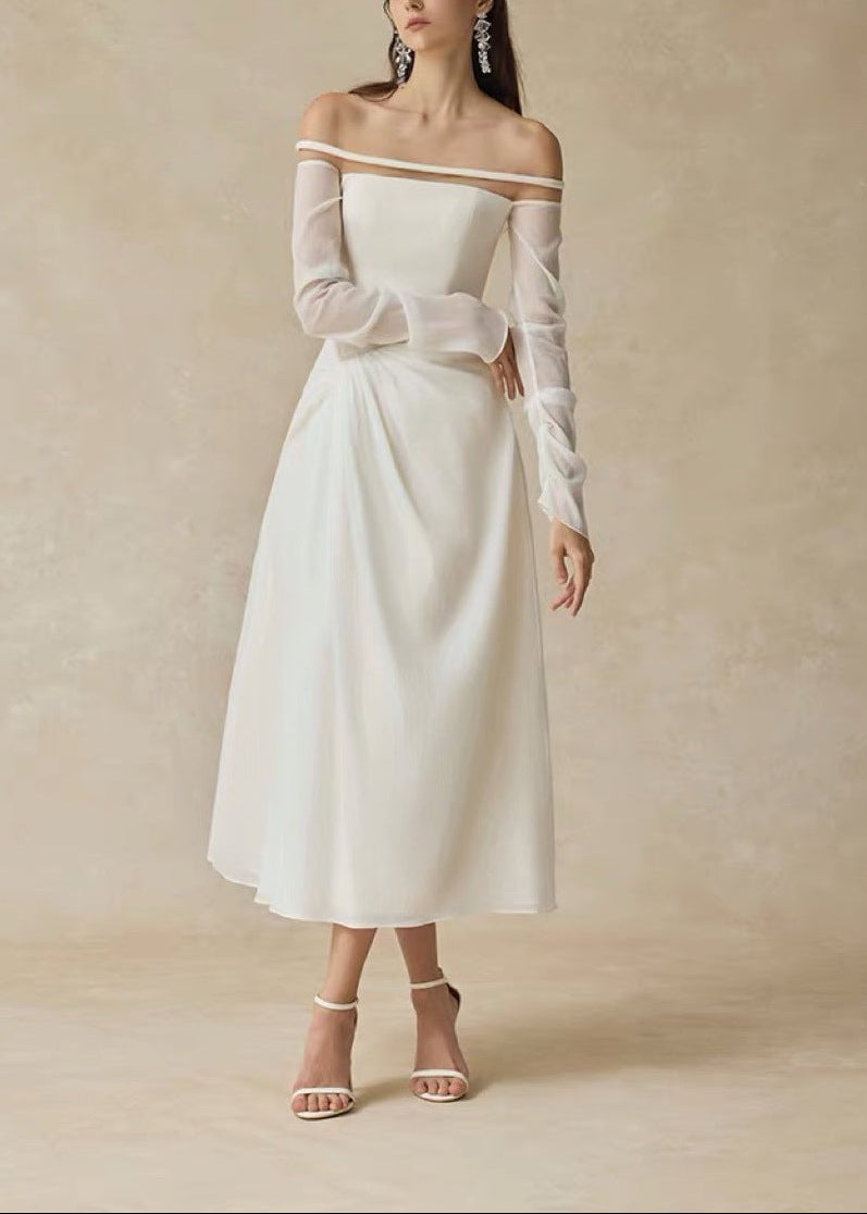 Deirdre Off Shoulder Ruch Mesh Midi Dress