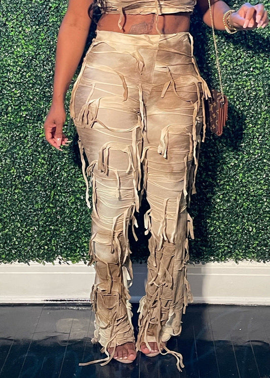 Cecily Tie Dye Fringe Pants Set In Apricot