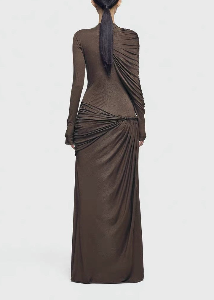 Driscoll Asymmetric Ruch Maxi Dress In Brown