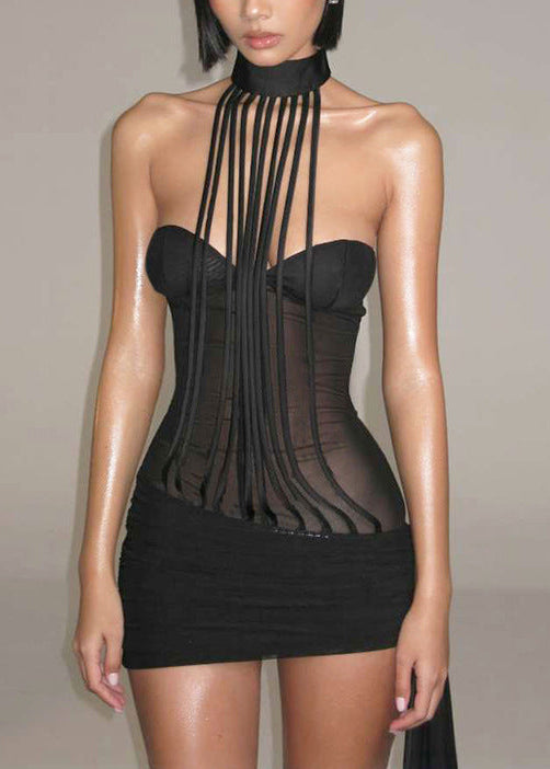 Edelmira Halter Neck Corset Mesh Mini Dress