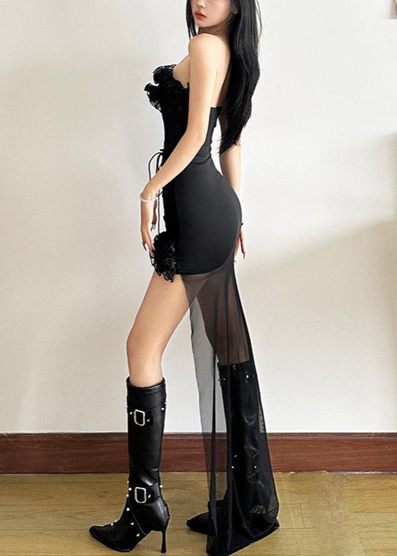 Bell Mesh Ruffle Lace Up Asymmetric Mini Dress