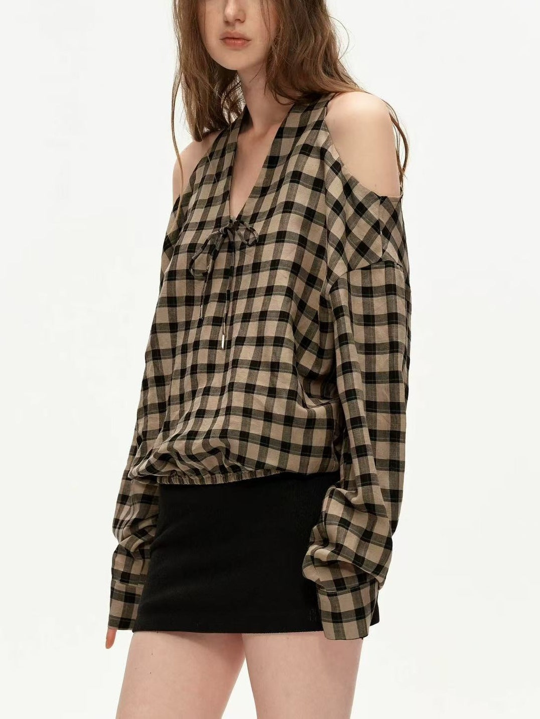 Durans Long Sleeve Cutout Grid Top