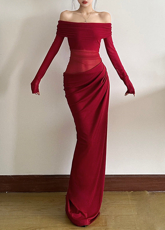 Sieya Off Shoulder Ruch Mesh Maxi Dress In Red