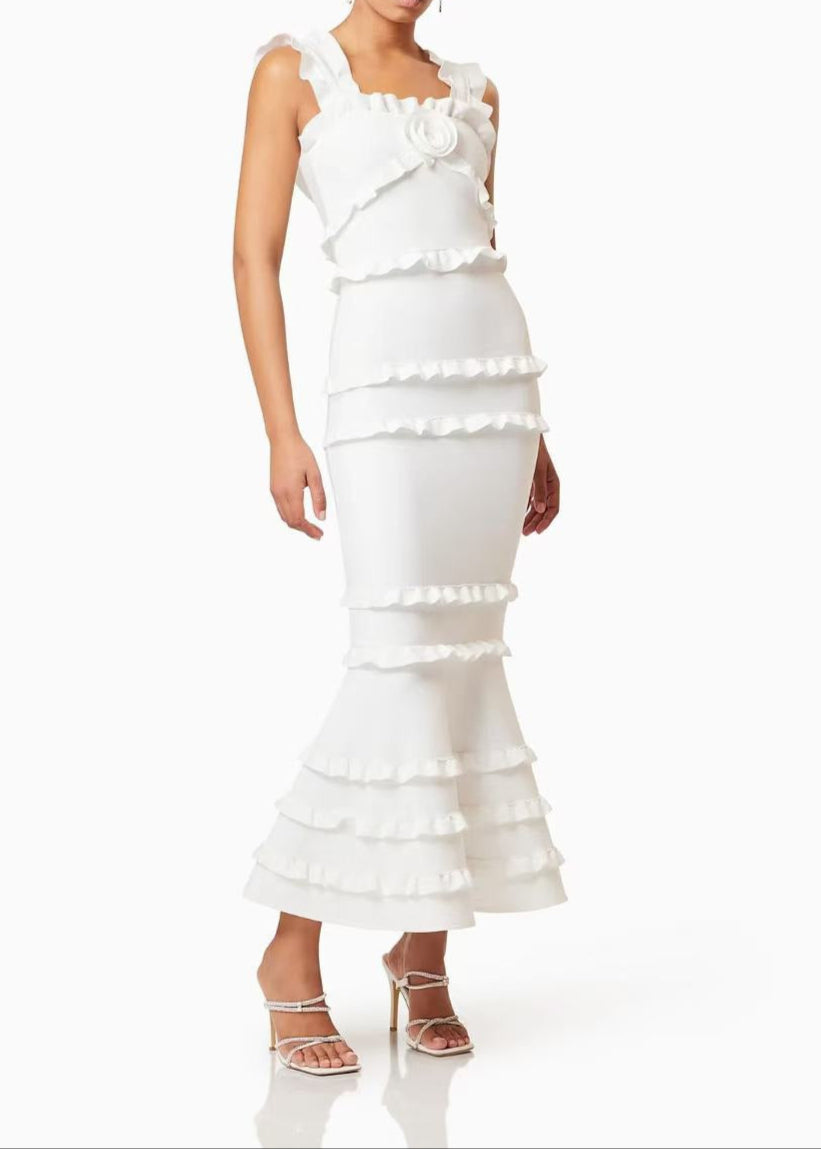 Barret Ruffle Flower Maxi Dress In White
